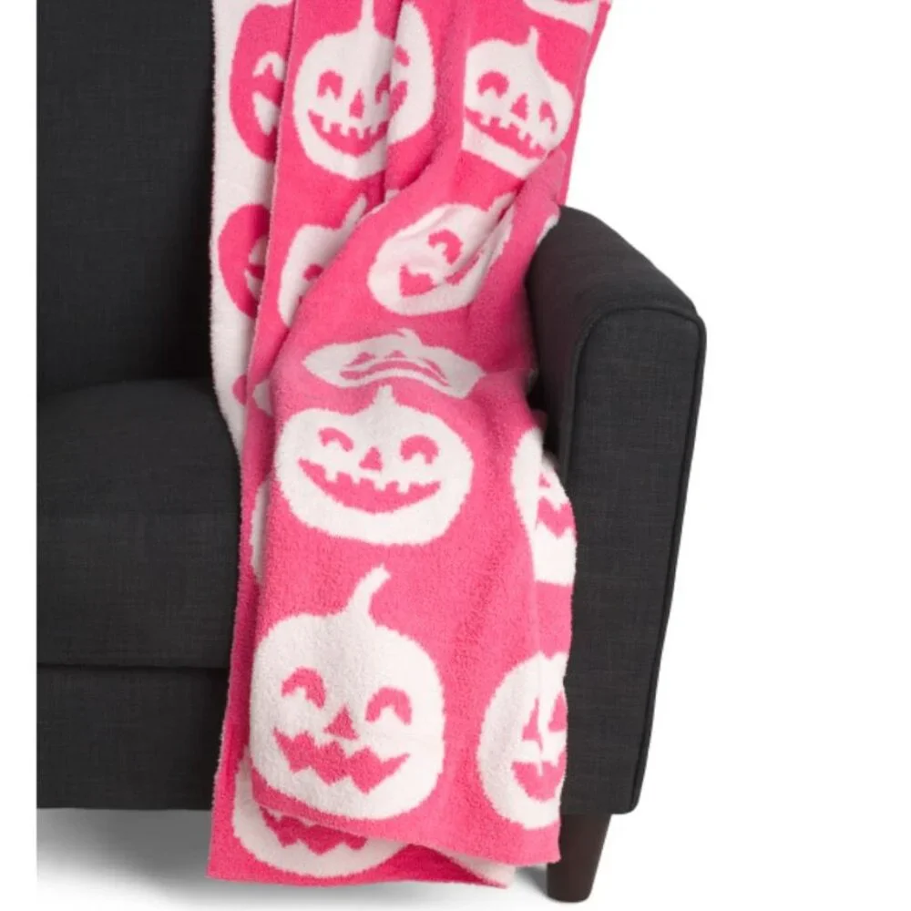 🎃 Halloween NOVOGRATZ Feather Happy Pumpkin Throw 50x70 Pink Blanket